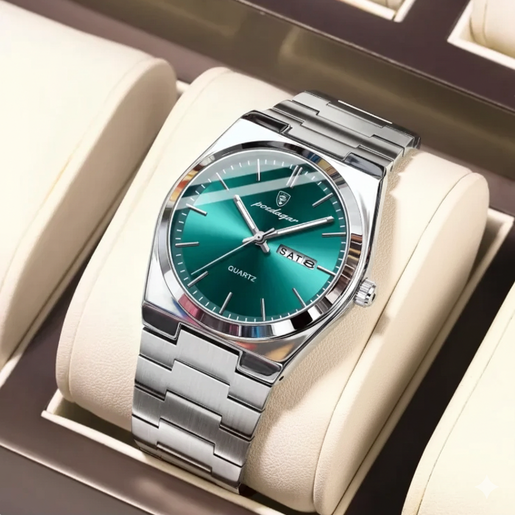 Silver watch with a green face in a beige box