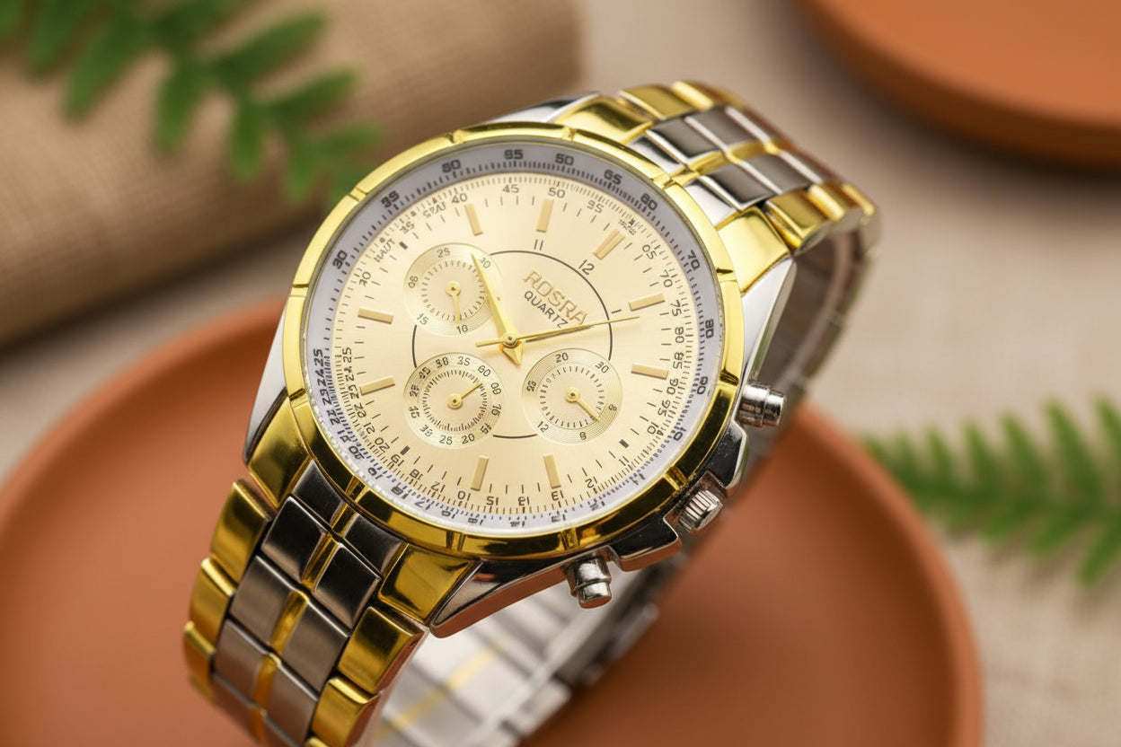 Gold wristwatch with detailed face on a white background