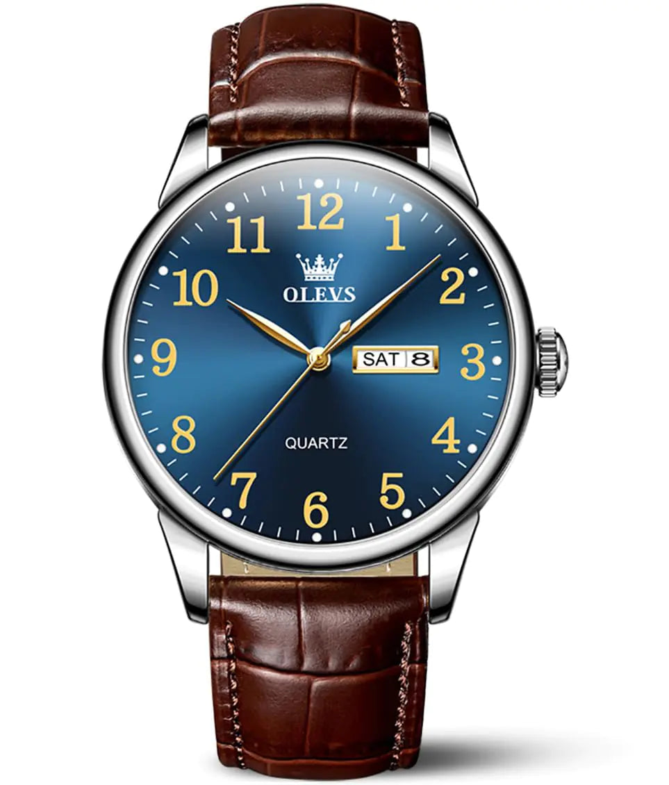 Watch with brown leather strap and blue dial on a white background