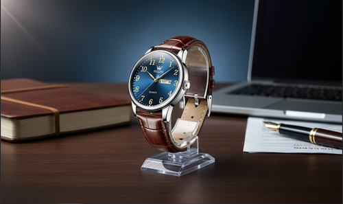 Wristwatch on a stand with a laptop and notebook in the background
