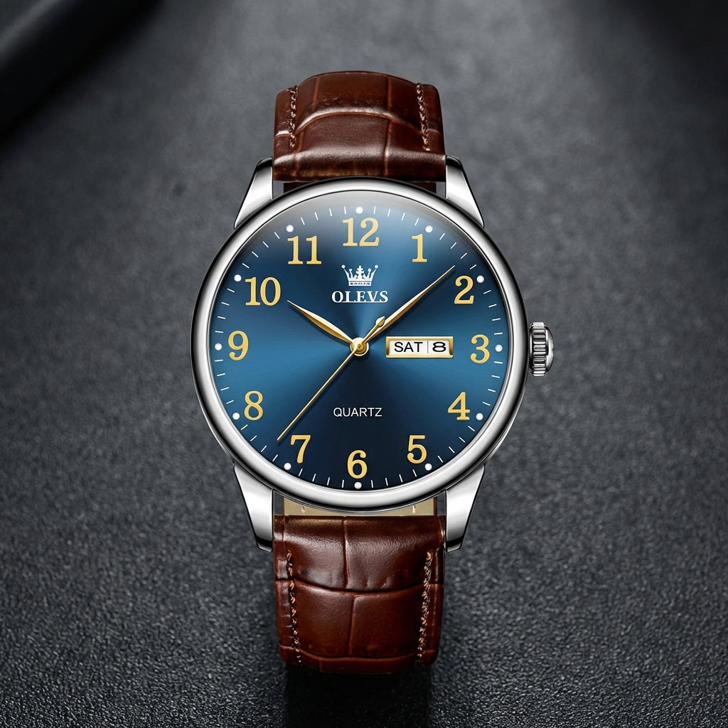 Watch with brown leather strap and blue dial on a dark background